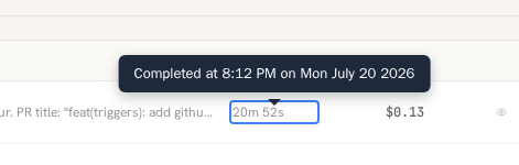 Screenshot of the running app: a hover tooltip on the Elapsed cell showing a run's absolute completion time.